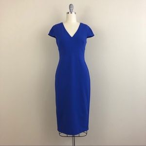 Donna Morgan Sheath Midi Dress, V-Neck, Royal Blue Cobalt, Size 2